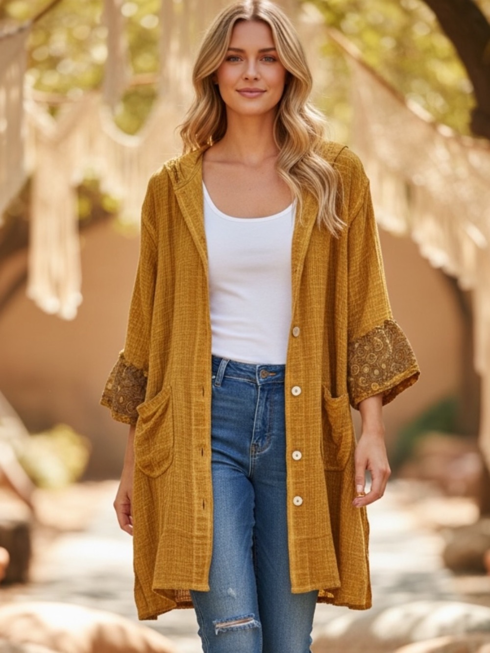 Jaded Gypsy L/XL Gold Hooded Button Cardigan with Pocket Detail Lace Detailing